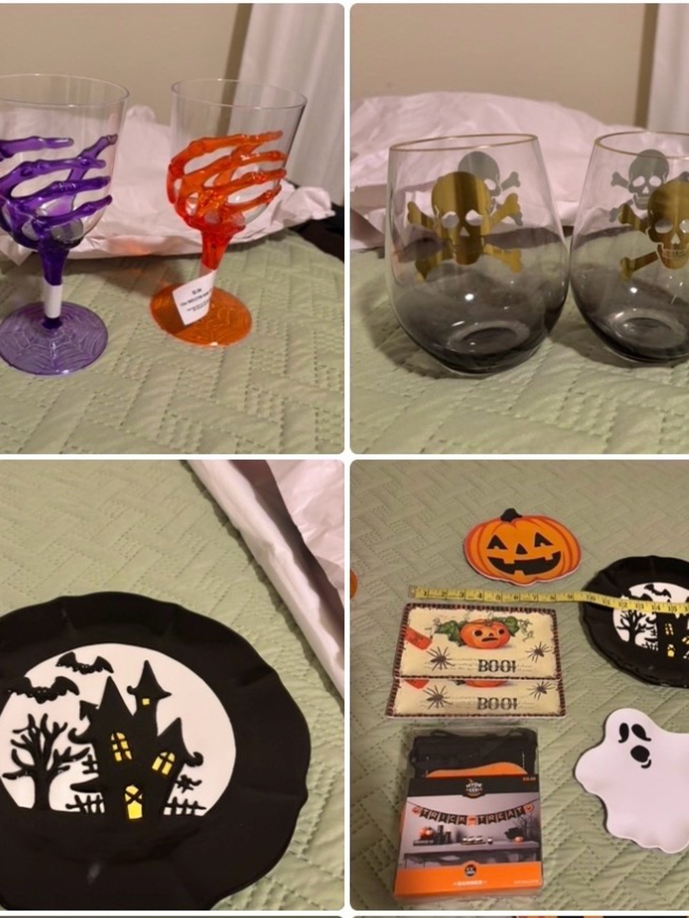 Halloween Decor BUBDLE! Skeleton Wine Glass Sets, Purple, Orange, plates, banner